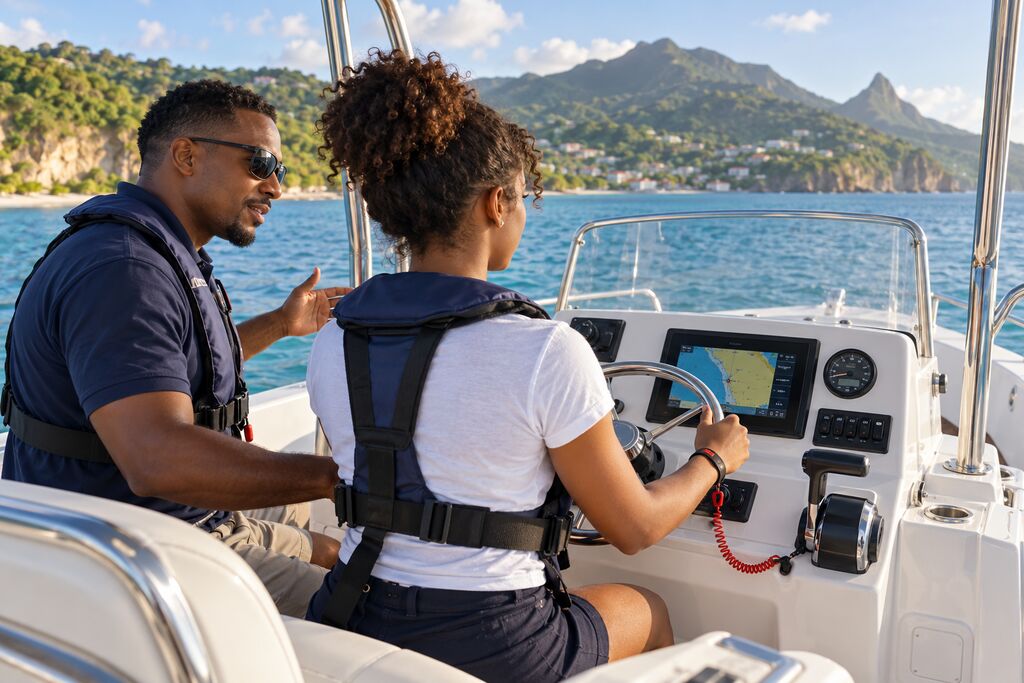 Illustration : leçon de pilotage d'un bateau en mer turquoise avec un moniteur