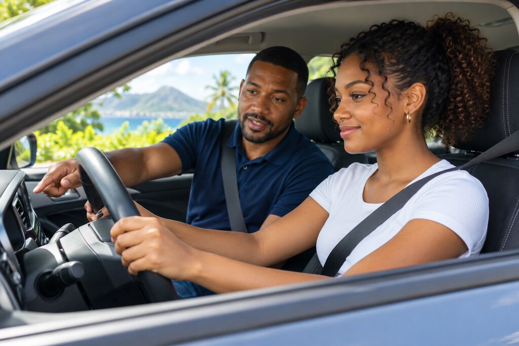 Illustration : leçon de conduite, une élève au volant à côté de son moniteur